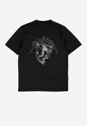 Fekete rövid ujjú póló, középen, a mellkason egy ordító medvefej grafikával és felette stilizált szöveggel.