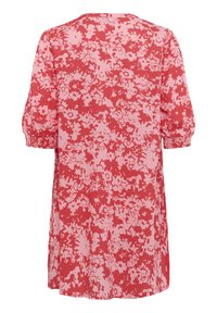 Rot- und rosa-blumiges Kleid mit lockerer Passform, kurzen Puffärmeln, rundem Halsausschnitt und einem leichten Stoffmuster.
