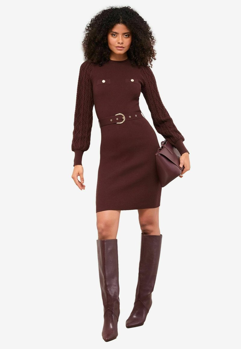 Lipsy BELTED LONG SLEEVE CREW NECK MINI - Robe fourreau - chocolate ...