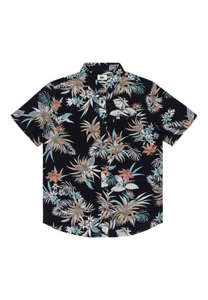 Schwarzes kurzärmeliges Hemd mit Knöpfen und einem tropischen Blumenmuster in Beige, Türkis, Weiß und Koralle, ausgestattet mit einer Brusttasche auf der Vorderseite.