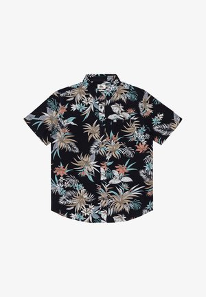 Schwarzes kurzärmeliges Hemd mit Knöpfen und einem tropischen Blumenmuster in Beige, Türkis, Weiß und Koralle, ausgestattet mit einer Brusttasche auf der Vorderseite.