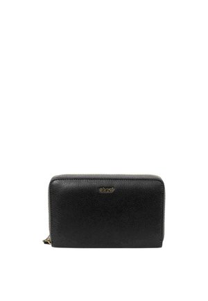 Black textured leather zip-around wallet with gold logo detail on the front center, against a plain white background.