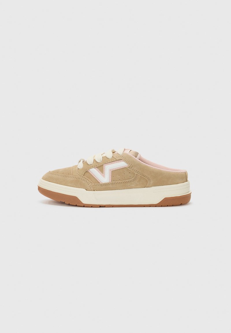 Beige suede sneaker with pink accents, white logo detail, and a rubber sole. Rounded toe and cushioned collar for comfort.