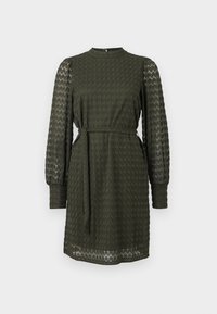 Olive green dress with a textured pattern, long sleeves, a high neck, and a tie belt at the waist.