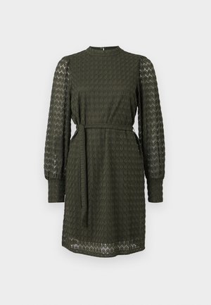 Olive green dress featuring a textured pattern, long sleeves, a high neck, and a tie belt at the waist.