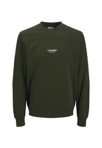 Sudadera verde de mezcla de algodón, con cuello redondo, mangas largas y un pequeño logo blanco "JJ Studios" en el pecho.
