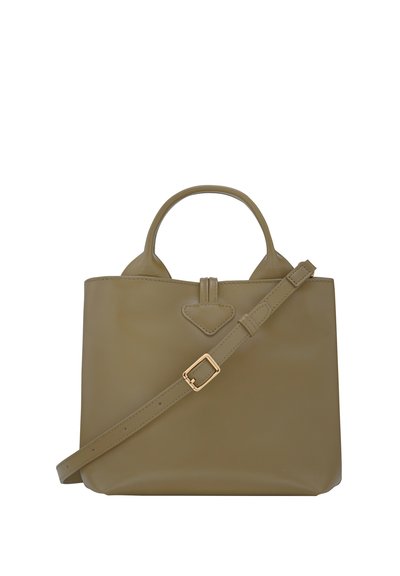Olive green faux leather handbag with short handles, adjustable shoulder strap, and triangular accent on front. Smooth texture, minimalist design.