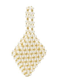 Pärl- och guldpärlad handväska med en diamantform, som har en strukturerad yta och ett bälte gjort av små pärlor och guldaccenter.