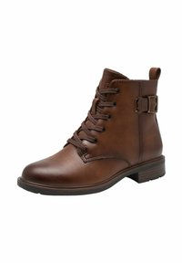 Brown leather ankle boot with a rounded toe, lace-up front, decorative buckle accent, and textured sole. Sturdy design with heel.