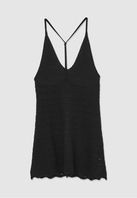 Top sans manches en crochet noir avec décolleté en V et fines bretelles formant un design en T.