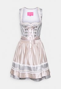 Silbernes Dirndl-Kleid mit tailliertem Oberteil, Schnürung vorne und Satinrock. Verfügt über dekorative Verzierungen und eine geraffte Taille.