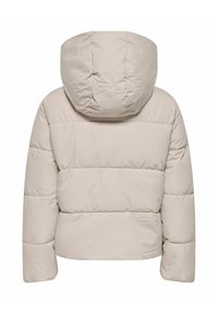 Giacca a vento beige chiaro con cappuccio, caratterizzata da sezioni trapuntate orizzontali e una finitura liscia e testurizzata. Vista posteriore mostrata.