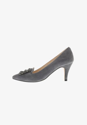 Gray suede high-heeled shoe with a pointed toe, featuring a decorative black beaded accent on the forefoot and a slim heel.