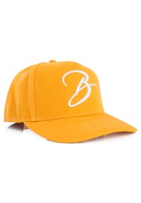 Sárga baseball sapka, texturált anyagból, elülső részén egy varrott fehér "B" logóval és ívelt napellenzővel.