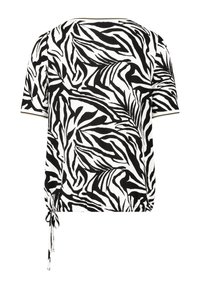 Haut à manches courtes noir et blanc avec un motif zèbre, une coupe décontractée et un détail froncé avec des liens à l'ourlet.