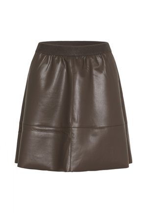 Bruine leren minirok met een gestructureerd oppervlak, elastische tailleband en subtiele naaddetails voor een verfijnde uitstraling.