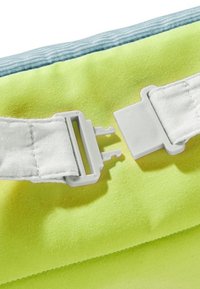 Green fabric with a smooth texture, featuring a light blue striped trim and a white plastic buckle attached to a strap.