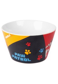 Ciotola di plastica con un interno bianco e un esterno colorato. Il design include il testo "Paw Patrol" e motivi di impronte di zampe in giallo, rosso e blu.