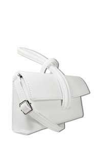 White leather handbag with a structured shape, featuring a top handle and adjustable strap. Textured surface and contrasting stitching details.