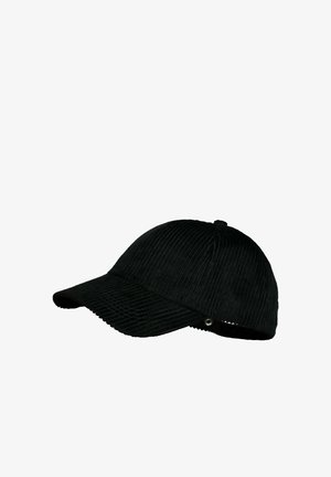 Schwarze Cord-Baseballkappe mit gebogenem Schirm und verstellbarem Riemen auf weißem Hintergrund.
