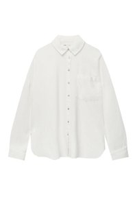 Chemise blanche à manches longues avec col et poche sur la poitrine gauche, présentée à plat sur un fond blanc.