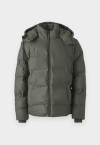 Puffer jacket in dark green, featuring a hood, zip front, elastic cuffs, and smooth texture with quilted padding detail.