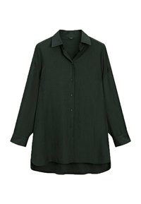 Tummanvihreä, napitettava paita terävällä kauluksella, pitkillä hihoilla ja rentolla istuvuudella. Valmistettu teksturoidusta kankaasta, jossa on hieman ryppyinen ulkonäkö.