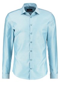 Camisa abotonada de manga larga color azul claro con una textura elegante, cuello estándar y botones a juego en la parte delantera. Ajuste entallado con dobladillo curvado.