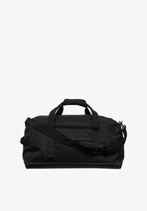 Black duffel bag made of durable fabric, featuring dual handles, an adjustable shoulder strap, and a zippered compartment on the side.