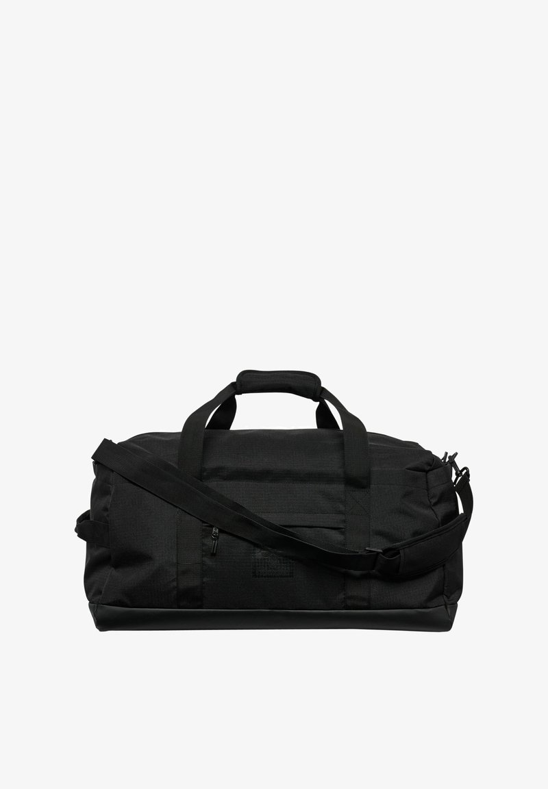 Schwarze Sporttasche aus strapazierfähigem Material, mit zwei Griffen, einem verstellbaren Schultergurt und einem seitlichen Reißverschlussfach.