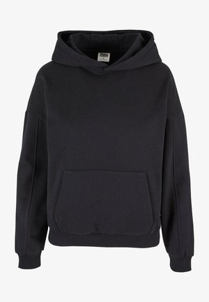 Hoodie en coton noir avec une grande poche kangourou, une grande capuche, des poignets côtelés et un ourlet côtelé. Design simple à enfiler sans motifs visibles.
