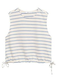 Débardeur sans manches en crème avec des rayures horizontales bleues. Présente un ourlet froncé avec des liens sur le côté. Fabriqué en tissu doux et texturé.