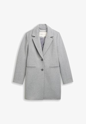 Gray wool blend coat with a notched lapel, two-button closure, side pockets, and long sleeves. Smooth texture and tailored design.