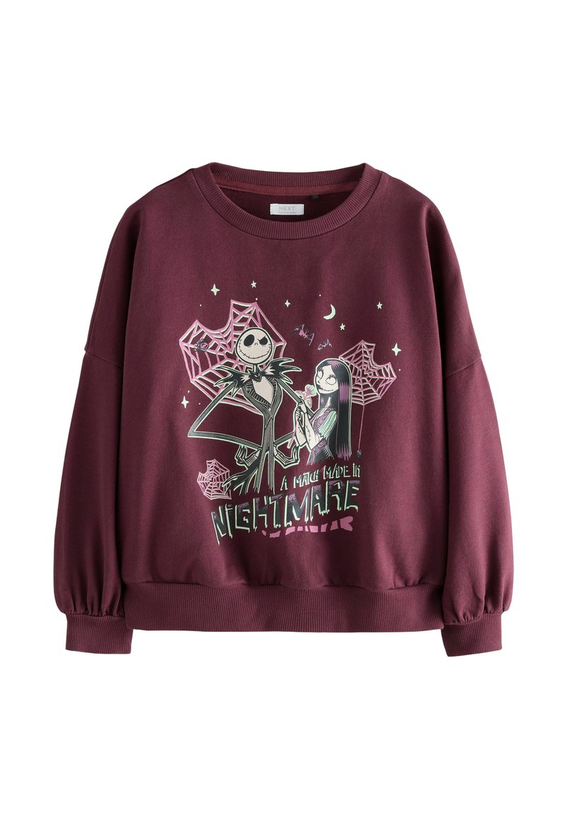 Burgunderfarbener Sweatshirt mit langen Ärmeln, der einen grafischen Druck von zwei Charakteren zeigt, umgeben von Spinnennetz-Designs und Sternen.