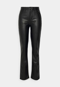 Zwarte leren broek met een slim fit, voorzien van een ceintuur in de taille, zijzakken en ritssluitingen bij de enkels. Glad textuur en glanzende afwerking.