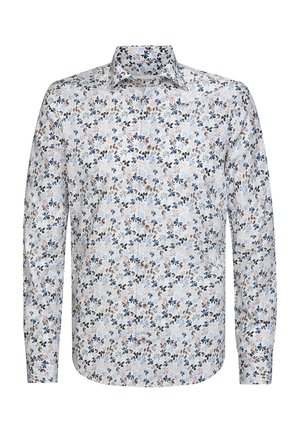 Heren overhemd met lange mouwen en knopen, met een puntige kraag, met een kleine bloemenprint in blauw, bruin en zwart op een witte achtergrond.