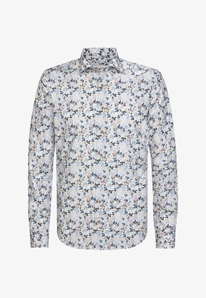 Heren overhemd met lange mouwen en knopen, met een puntige kraag, met een kleine bloemenprint in blauw, bruin en zwart op een witte achtergrond.