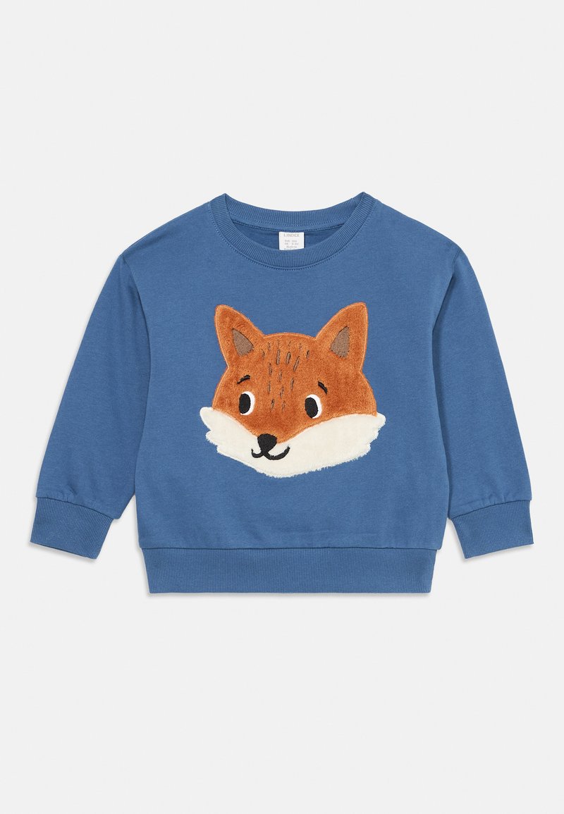 Felpa a maniche lunghe blu per bambini piccoli con un design morbido e testurizzato di una faccia di volpe sorridente davanti.