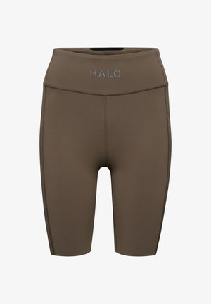 Brune højtaljede cykelskorts lavet af strækbart stof, med et logo på fronten og flade sømme for komfort.