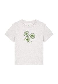 Grijze katoenen t-shirt met een groene bloemenprint van vier klavers op de voorkant. Korte mouwen en een ronde halsontwerp.