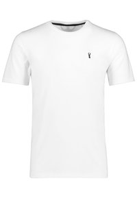 Hvid kortærmet t-shirt lavet af bomuld, med rund halsudskæring og et lille sort logo på venstre bryst. Glat tekstur.
