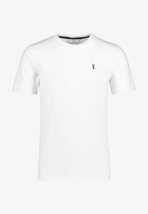 Hvid kortærmet t-shirt lavet af bomuld, med rund halsudskæring og et lille sort logo på venstre bryst. Glat tekstur.