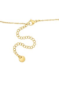 Collana in oro con anelli intrecciati, dotata di un gancio a moschettone e un ciondolo rotondo all'estremità. Texture liscia e finitura lucida.