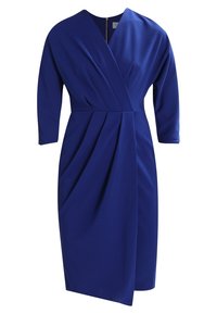 Vestido envolvente azul con escote en V, mangas tres cuartos, detalles plisados y abertura frontal. Confeccionado en un tejido suave con un corte ajustado.