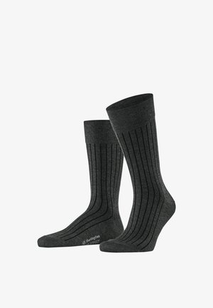 Pair of dark gray ribbed dress socks with black vertical stripes, mid-calf length, and "Burlington" branding on the foot.