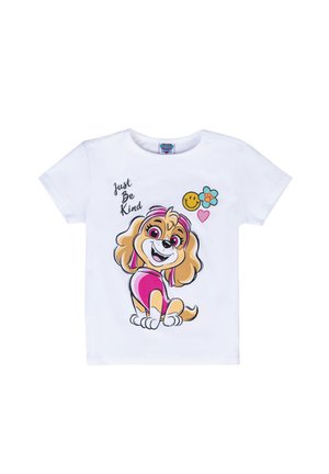 Weißes Baumwoll-T-Shirt mit einem Cartoon-Hund, der braunes Fell und pinke Akzente hat. Der Text lautet "Sei einfach freundlich" mit einem Smiley und einer Blumen-Grafik.