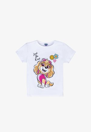 T-shirt bianco in cotone con un cane cartoon dai peli marroni e dettagli rosa. Il testo reca la scritta "Sii solo gentile", accompagnato da una faccina sorridente e un grafico di un fiore.