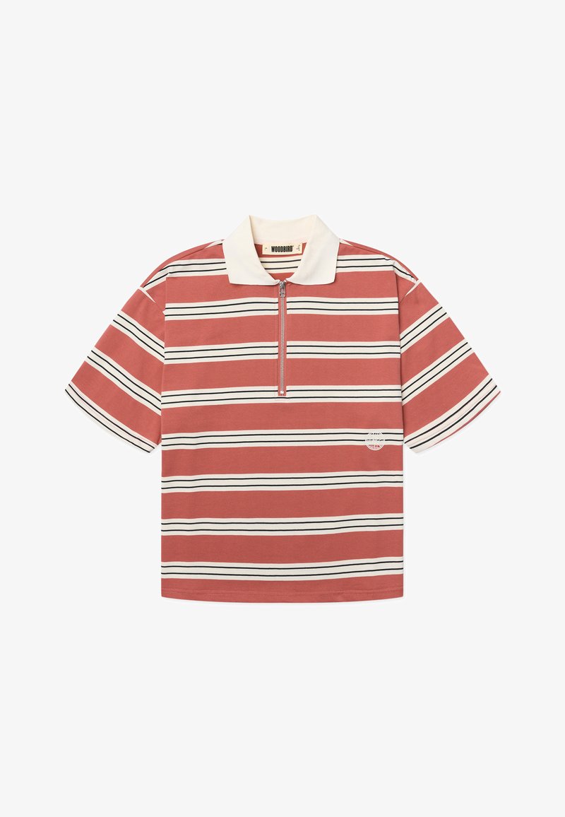 Polo couleur rouille à manches courtes avec rayures horizontales blanches et noires, col blanc et fermeture éclair frontale.