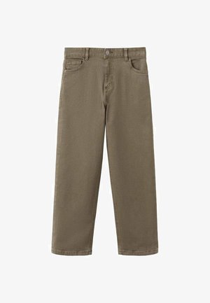 Pantalon droit kaki en mélange de coton, avec fermeture à boutons, cinq poches et une texture lisse.