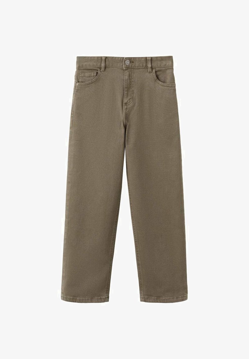 Hlače ravnega kroja barve kaki iz mešanice bombaža, z zaponko na gumbe, petimi žepi in gladkim otipom.